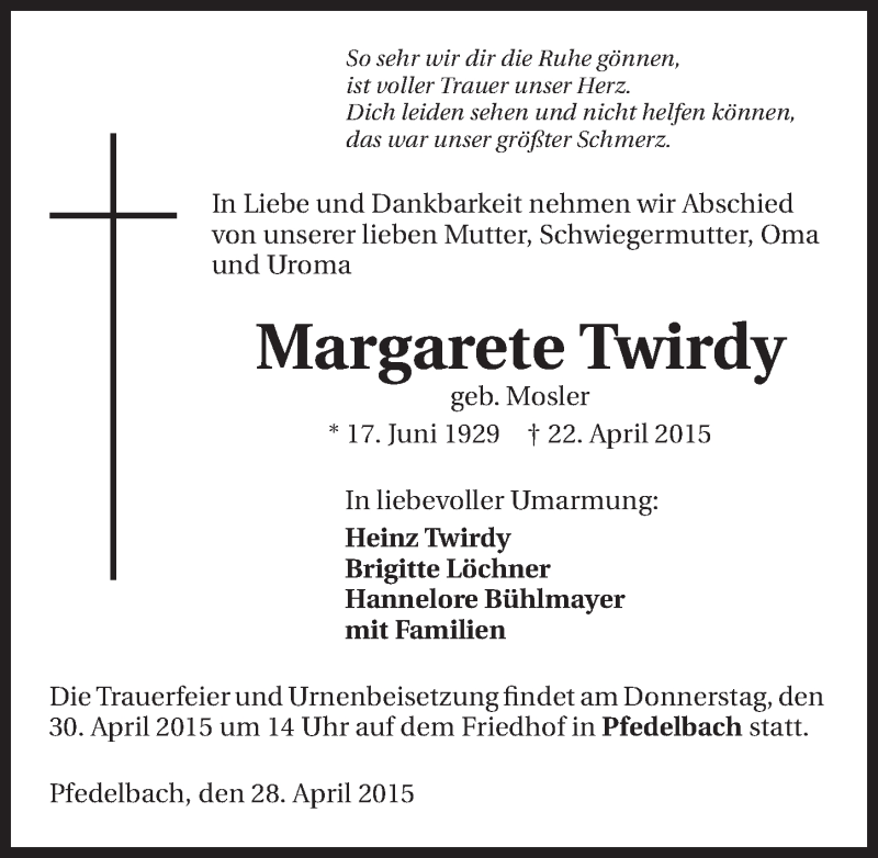  Traueranzeige für Margarete Twirdy vom 28.04.2015 aus 