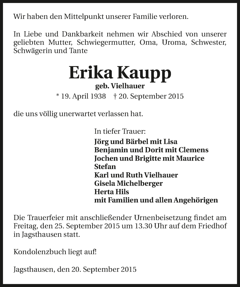  Traueranzeige für Erika Kaupp vom 22.09.2015 aus 