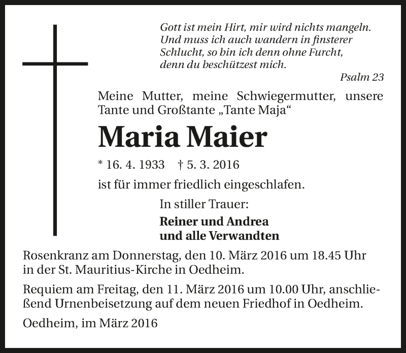  Traueranzeige für Maria Maier vom 09.03.2016 aus 