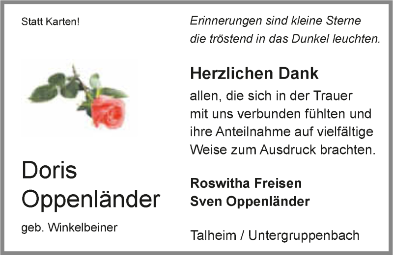  Traueranzeige für Doris Oppenländer vom 09.01.2016 aus 