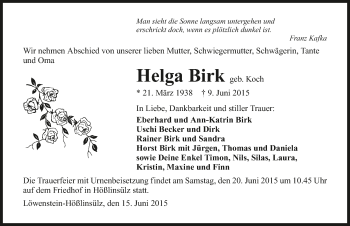 Traueranzeige von Helga Birk 
