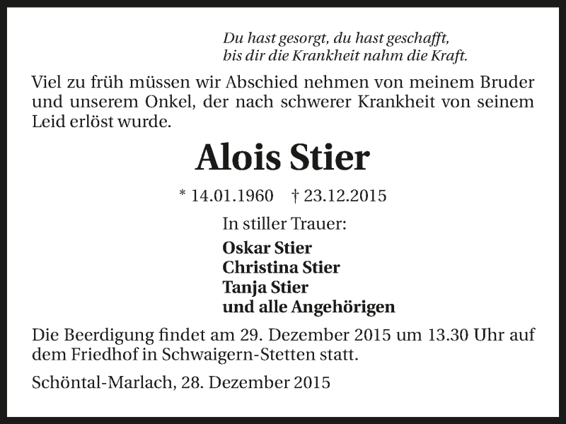  Traueranzeige für Alois Stier vom 28.12.2015 aus 