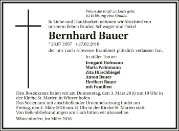 Traueranzeige von Bernhard Bauer 