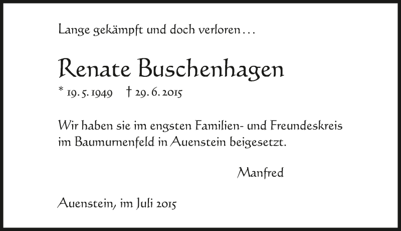  Traueranzeige für Renate Buschenhagen vom 11.07.2015 aus 