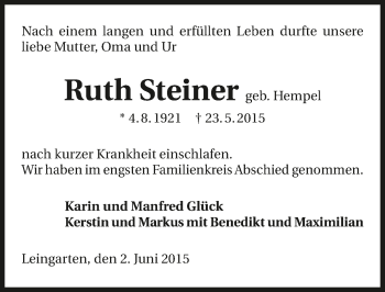 Traueranzeige von Ruth Steiner 