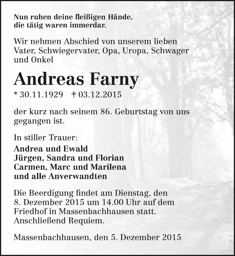  Traueranzeige für Andreas Farny vom 05.12.2015 aus 