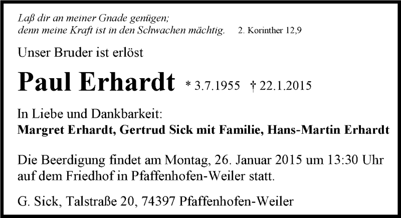  Traueranzeige für Paul Erhardt vom 24.01.2015 aus 