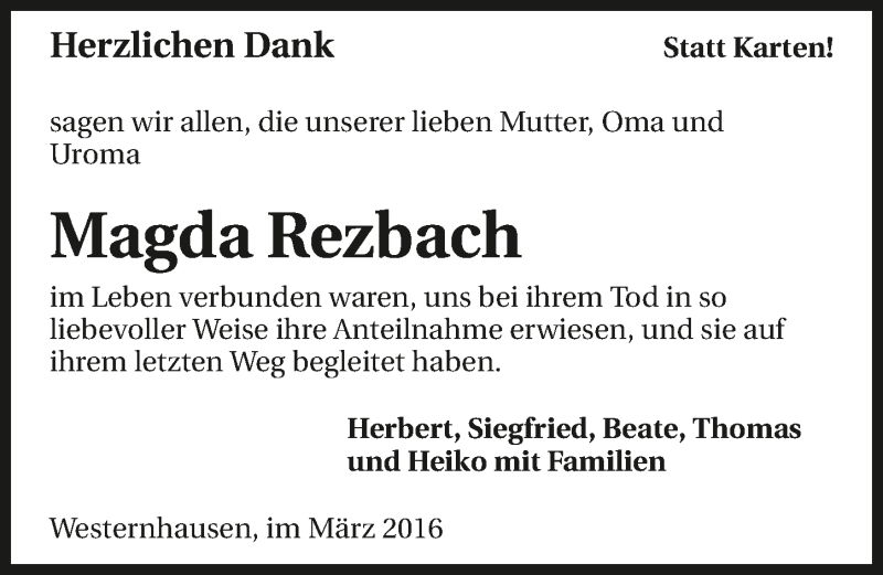  Traueranzeige für Magda Rezbach vom 26.03.2016 aus 