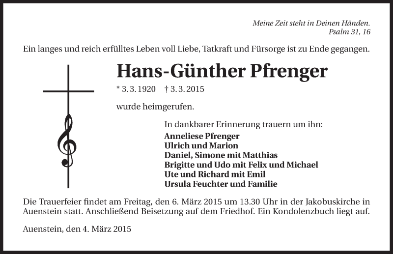  Traueranzeige für Hans-Günther Pfrenger vom 04.03.2015 aus 