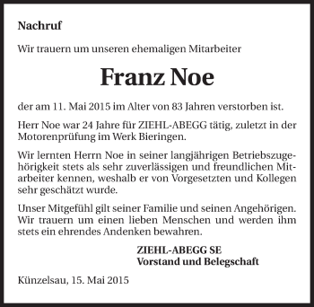 Traueranzeige von Franz Noe 