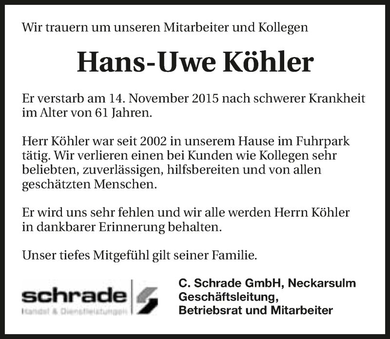  Traueranzeige für Hans-Uwe Köhler vom 17.11.2015 aus 