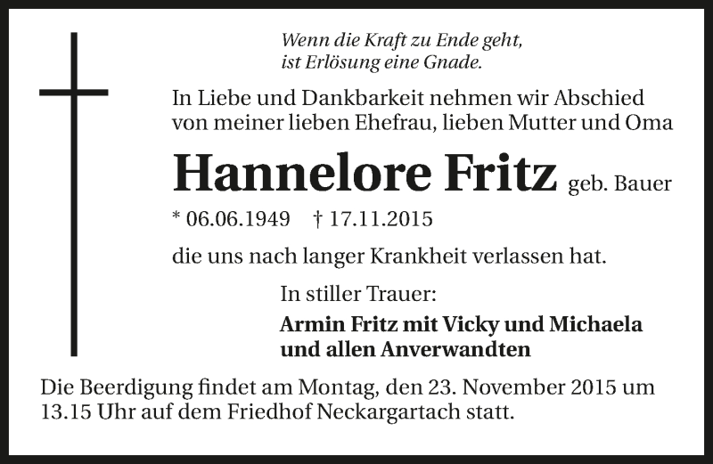  Traueranzeige für Hannelore Fritz vom 20.11.2015 aus 