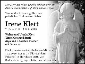 Traueranzeige von Irene Klett 