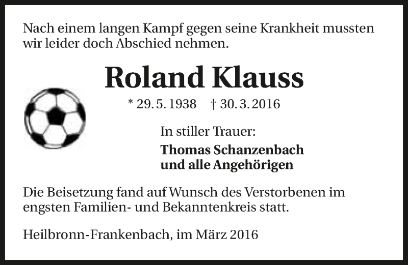  Traueranzeige für Roland Klauss vom 09.04.2016 aus 