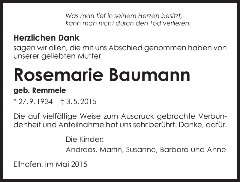  Traueranzeige für Rosemarie Baumann vom 18.05.2015 aus 
