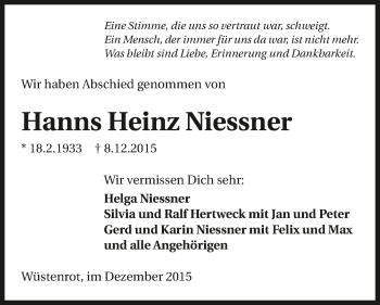 Traueranzeige von Hanns Heinz Niessner 