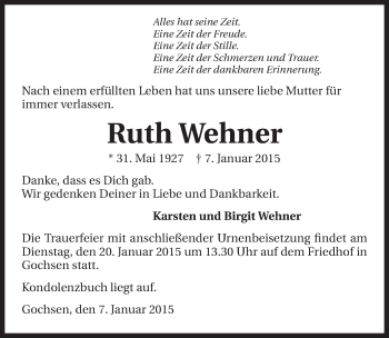 Traueranzeige von Ruth Wehner