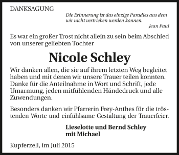 Traueranzeige von Nicole Schley 