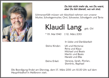 Traueranzeige von Klaudi Lang 