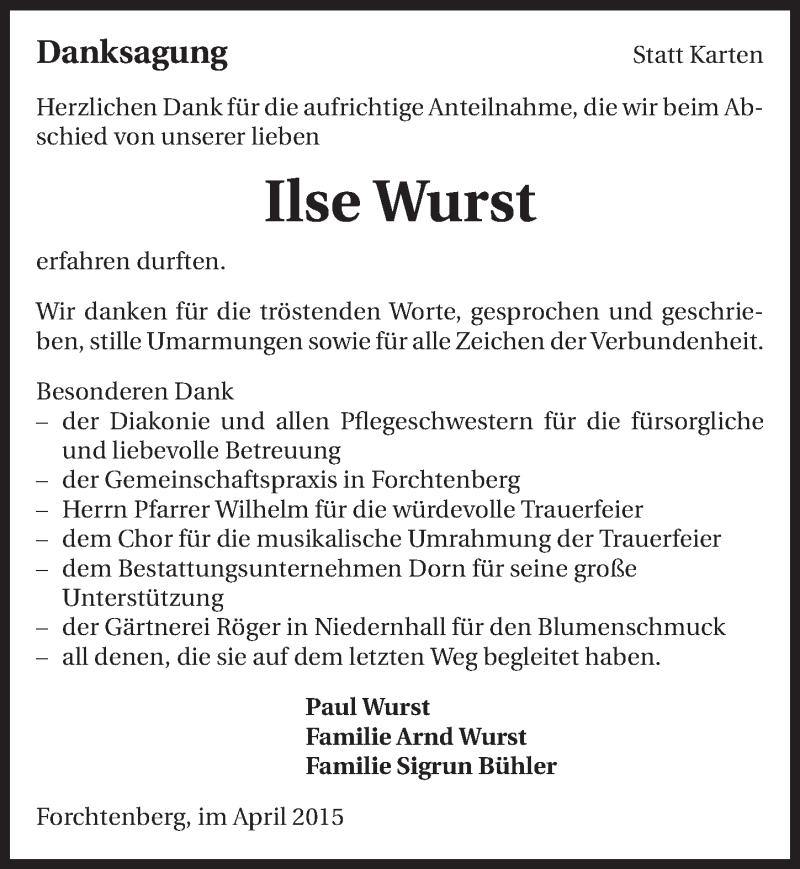  Traueranzeige für Ilse Wurst vom 11.04.2015 aus 