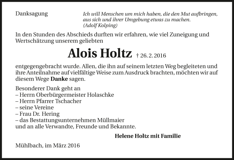  Traueranzeige für Alois Holtz vom 17.03.2016 aus 