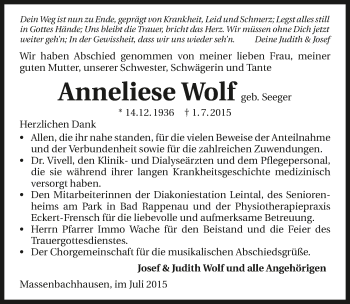 Traueranzeige von Anneliese Wolf 