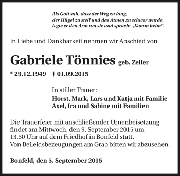 Traueranzeige von Gabriele Tönnies 