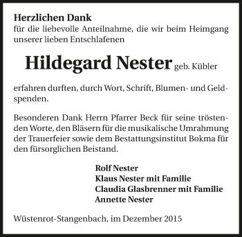 Traueranzeige von Hildegard Nester 
