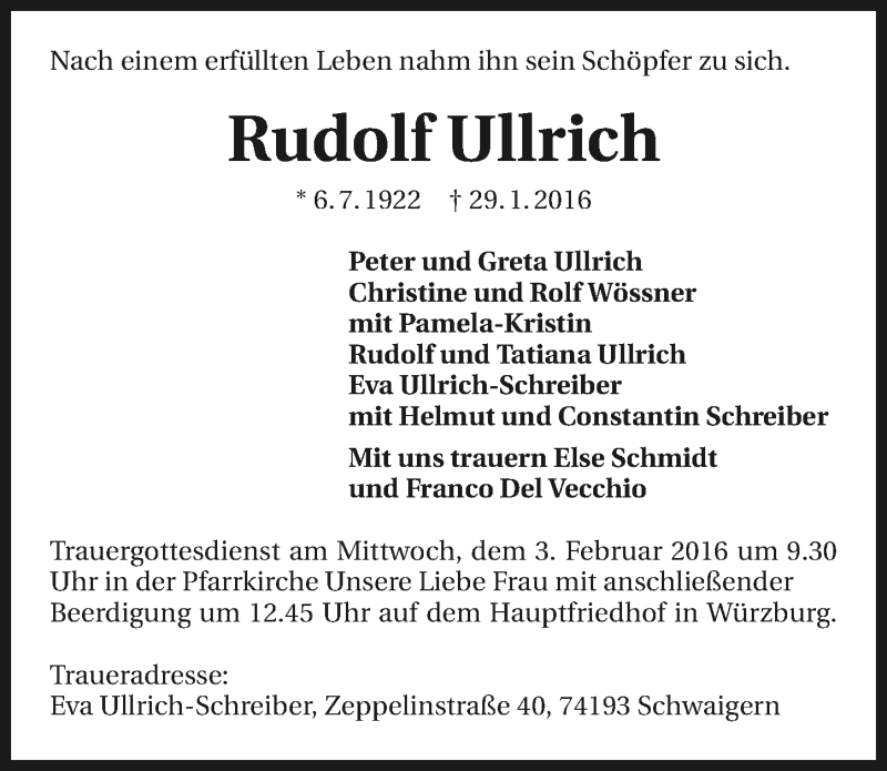  Traueranzeige für Rudolf Ullrich vom 02.02.2016 aus 