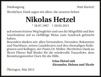 Traueranzeige von Hikolas Hetzel 