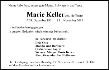 Traueranzeige von Marie Keller 