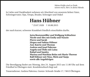 Traueranzeige von Hans Hübner 