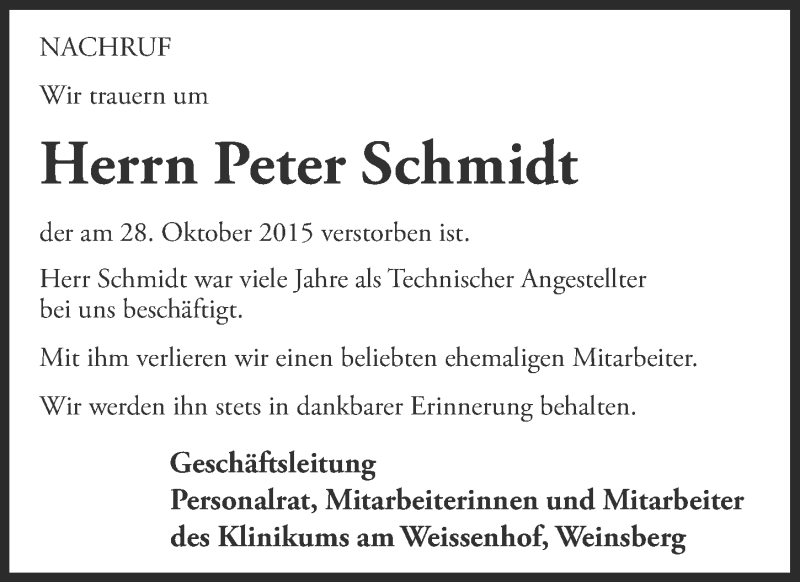  Traueranzeige für Peter Schmidt vom 31.10.2015 aus 