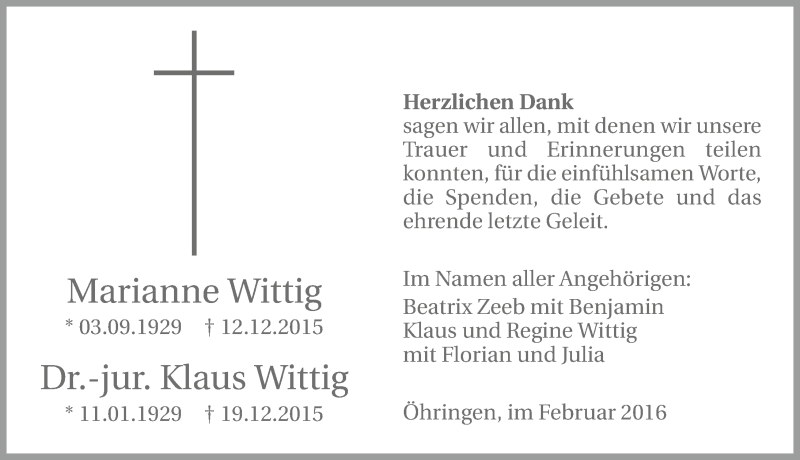  Traueranzeige für Marianne und Klaus Wittig vom 06.02.2016 aus 