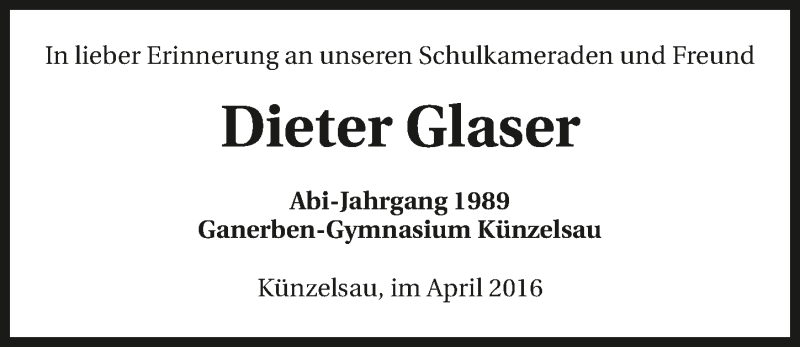  Traueranzeige für Dieter Glaser vom 06.04.2016 aus 