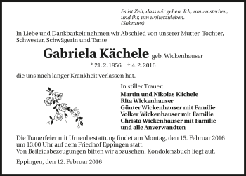 Traueranzeige von Gabriela Kächele 