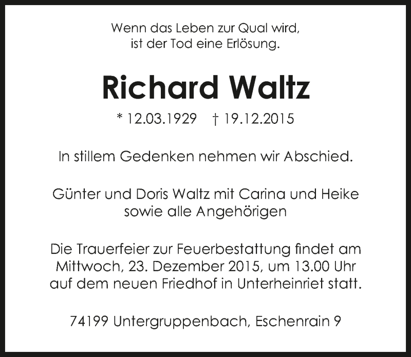  Traueranzeige für Richard Waltz vom 21.12.2015 aus 