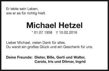 Traueranzeige von Michael Hetzel 