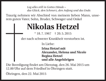 Traueranzeige von Nikolas Hetzel 