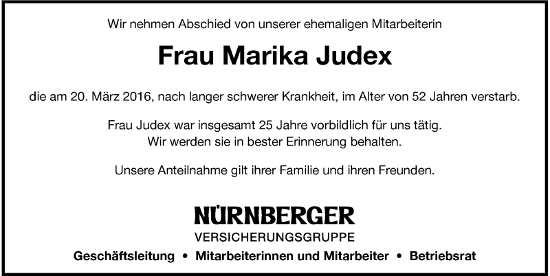  Traueranzeige für Marika Judex vom 02.04.2016 aus 