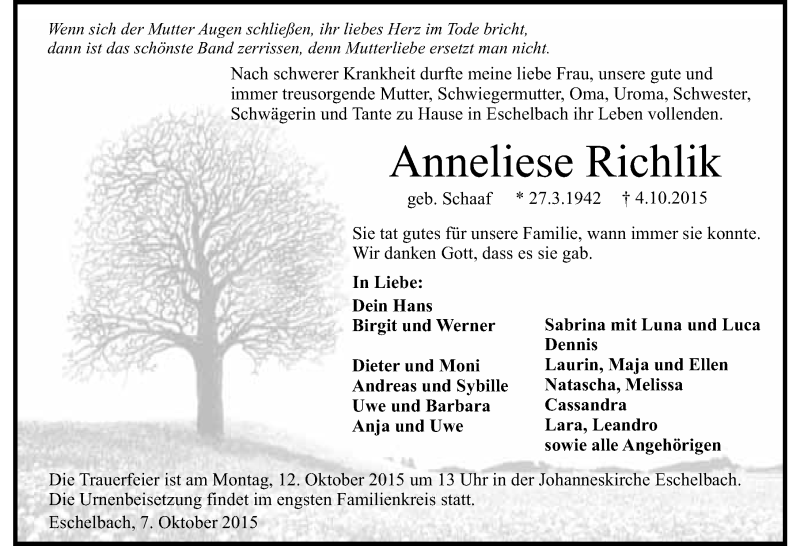  Traueranzeige für Anneliese Richlik vom 07.10.2015 aus 