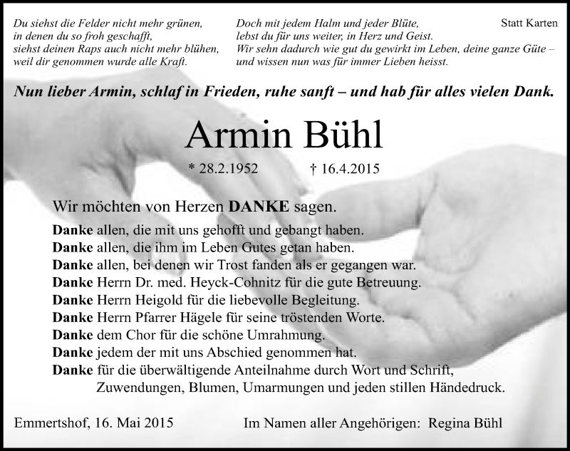  Traueranzeige für Armin Bühl vom 16.05.2015 aus 