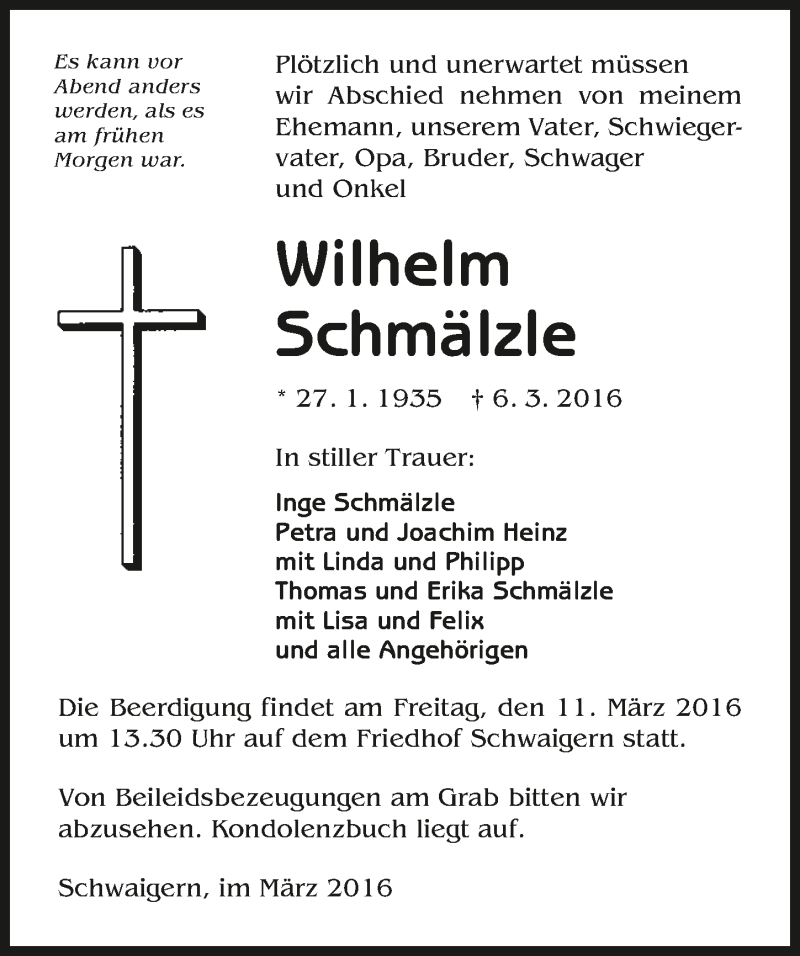  Traueranzeige für Wilhelm Schmälzle vom 09.03.2016 aus 