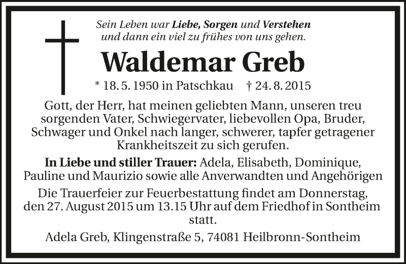  Traueranzeige für Waldemar Greb vom 26.08.2015 aus 