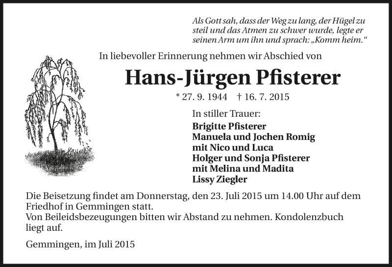  Traueranzeige für Hans-Jürgen Pfisterer vom 21.07.2015 aus 