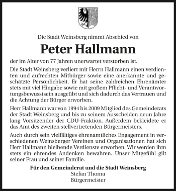 Traueranzeige von Peter Hallmann 