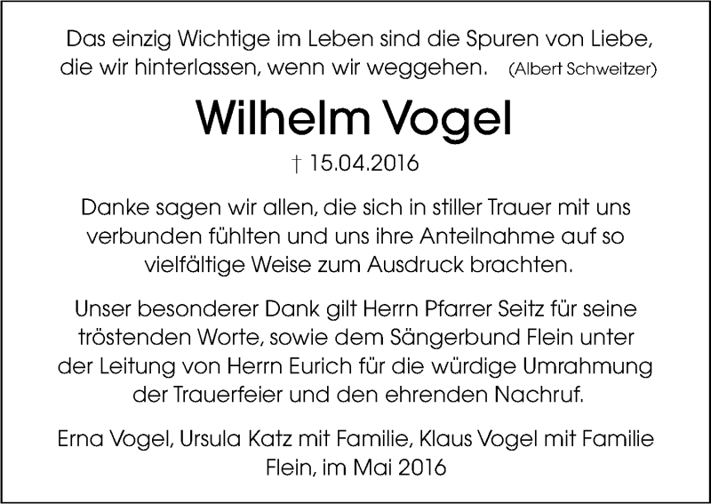  Traueranzeige für Wilhelm Vogel vom 10.05.2016 aus 