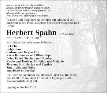 Traueranzeige von Herbert Spahn 