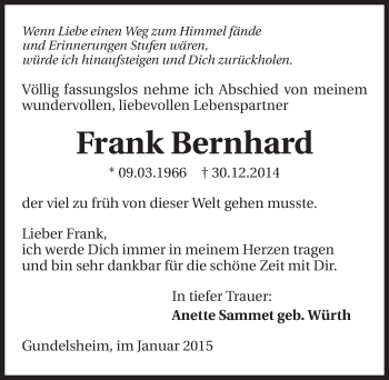 Traueranzeige von Frank Bernhard 