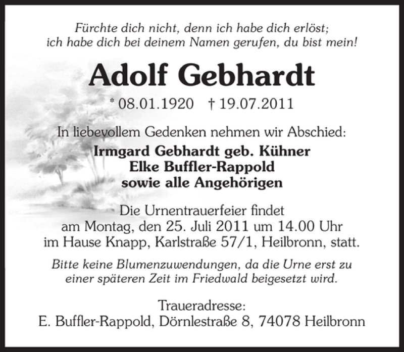  Traueranzeige für Adolf Gebhardt vom 20.07.2011 aus 